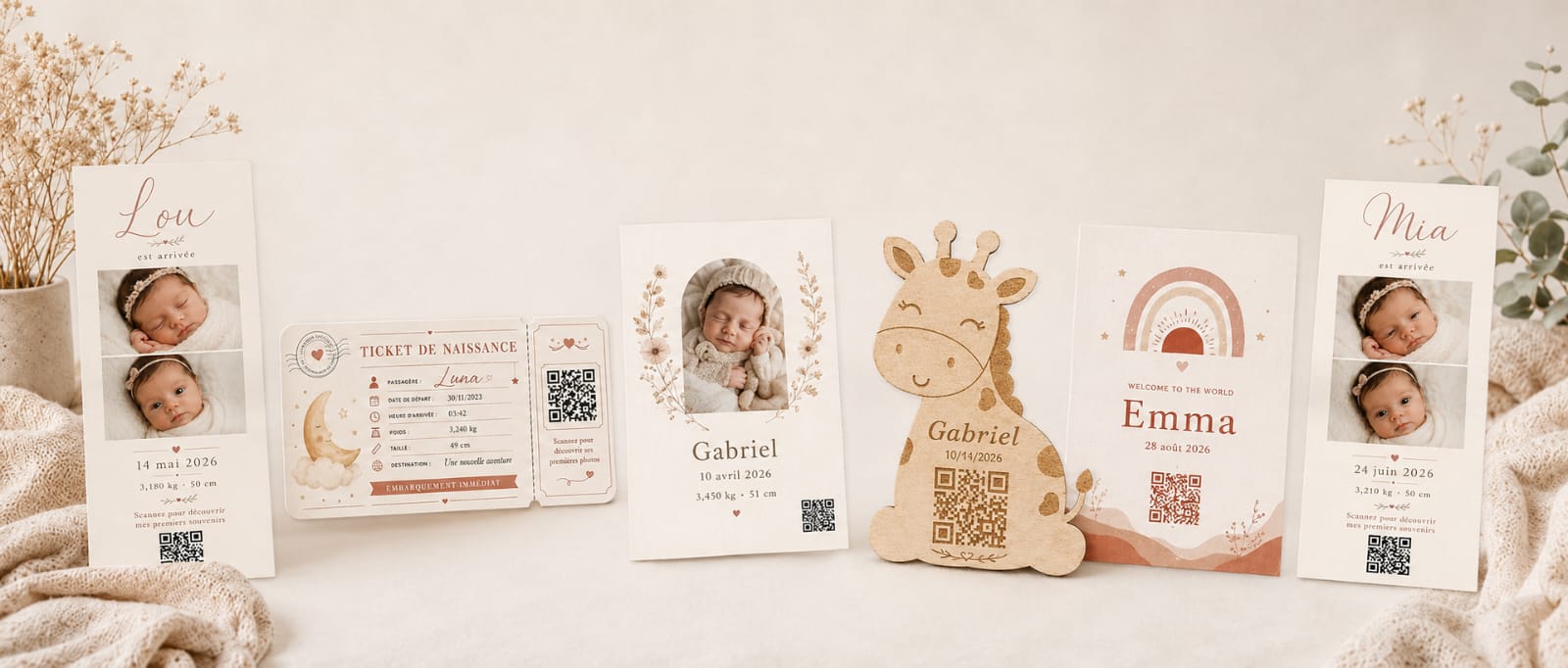 Faire-part de naissance Mon Premier Nuage : cartes photo Lou et Mia, ticket de naissance Luna, cartes Gabriel et Emma, et girafe en bois gravée, chacun portant son QR code.