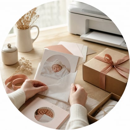 Préparation artisanale d'un faire-part de naissance avant expédition